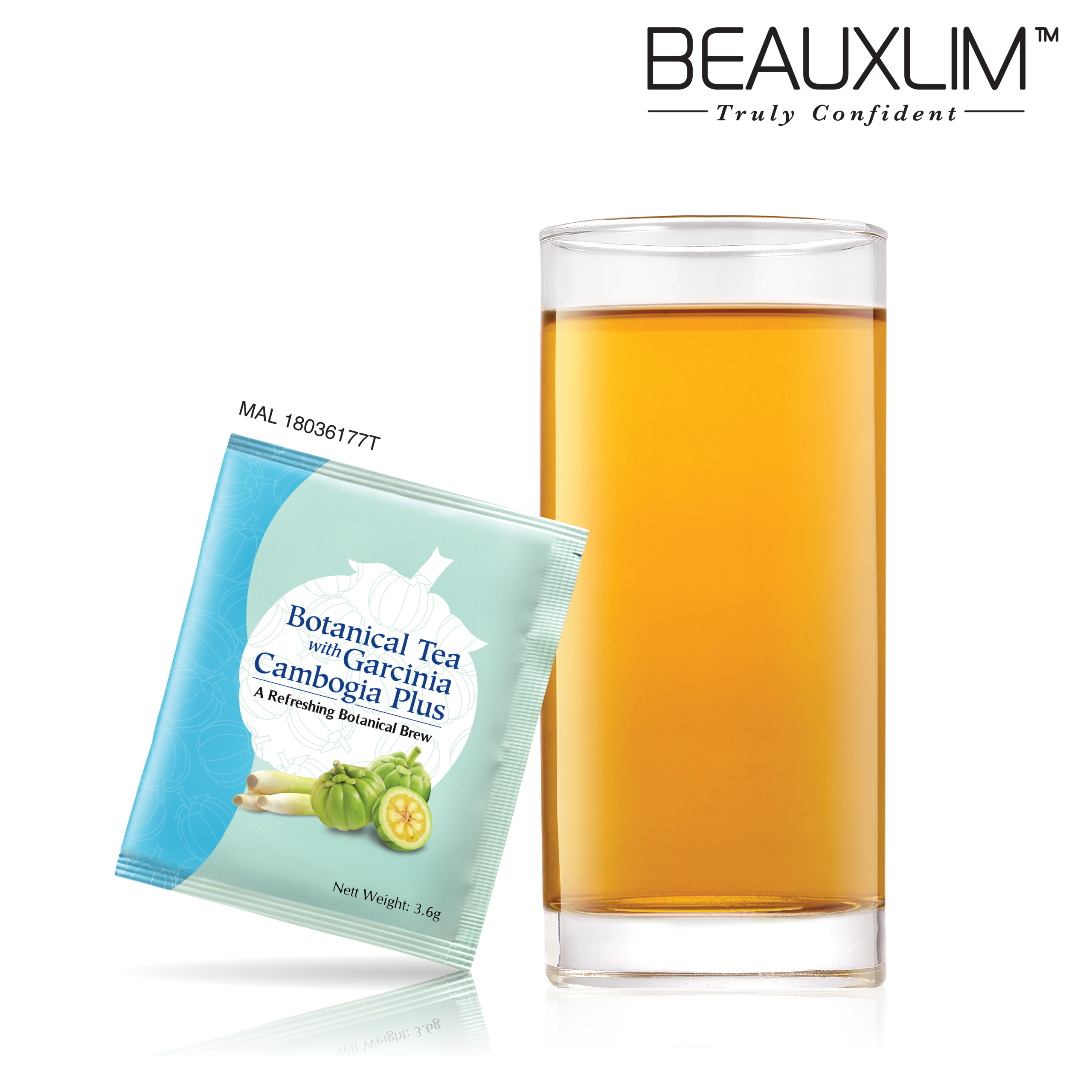 Beauxlim Botanical Sachet with a glass of tea